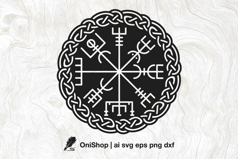 May include: Black and white vector illustration of a circular compass with a Celtic knot border. The compass features eight points with various symbols, including a cross, a circle, and a triangle.