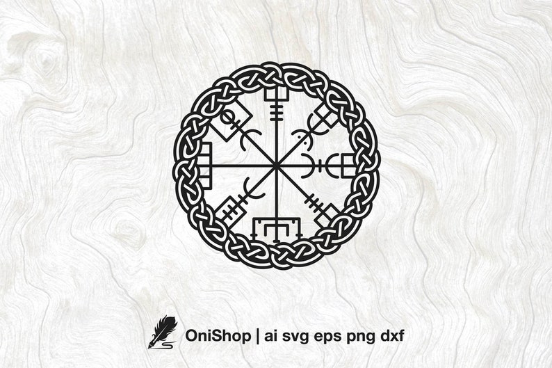 May include: Black and white line art illustration of a circular symbol with a knotwork border. The symbol is a compass with four cardinal directions and a central point. The symbol is surrounded by a knotwork border.