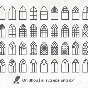 36 bundel gotische ramen, kerkraam SVG-pakket voor GlowForge Laser Cricut CNC houtpapier snijden, ai eps dxf, gesneden bestand, silhouet svg