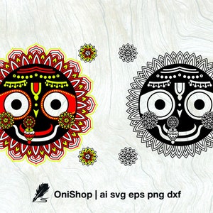 May include: Two black and white illustrations of a deity with large eyes, a third eye, and a smiling mouth. The deity is surrounded by a circular mandala design. The mandala design on the left is red, yellow, and white. The mandala design on the right is black and white.