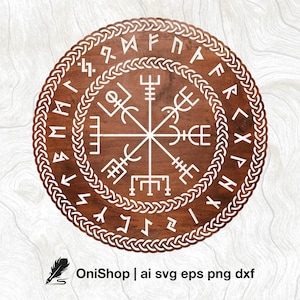 May include: A brown wooden circle with a white compass design and runes around the edge. The runes are in a circle around the compass. The compass has four points, each with a different symbol. The background is a white wood grain.