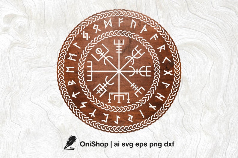 May include: A brown wooden circle with a white compass design and runes around the edge. The runes are in a circle around the compass. The compass has four points, each with a different symbol. The background is a white wood grain.