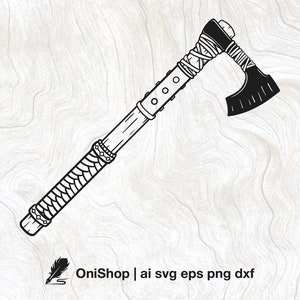 Op de afbeelding: Een zwart-witte lijntekening van een Vikingbijl met een houten steel die is gewikkeld in leer. De bijlkop is gebogen en heeft een scherpe rand.