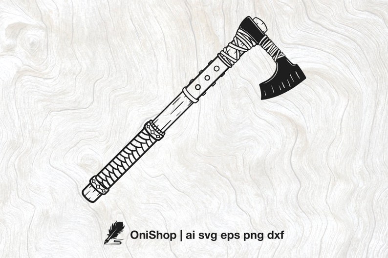 Op de afbeelding: Een zwart-witte lijntekening van een Vikingbijl met een houten steel die is gewikkeld in leer. De bijlkop is gebogen en heeft een scherpe rand.