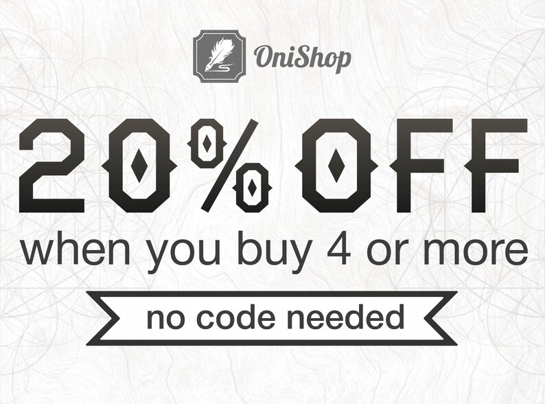 May include: Black and white graphic with the text "20% OFF" and the words "when you buy 4 or more no code needed".