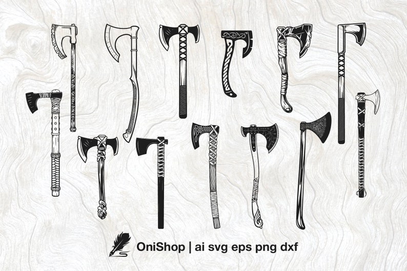 Op de afbeelding: Een set van 12 zwart-wit illustraties van Viking bijlen. De bijlen hebben verschillende ontwerpen en stijlen, waaronder sommige met ingewikkelde patronen.