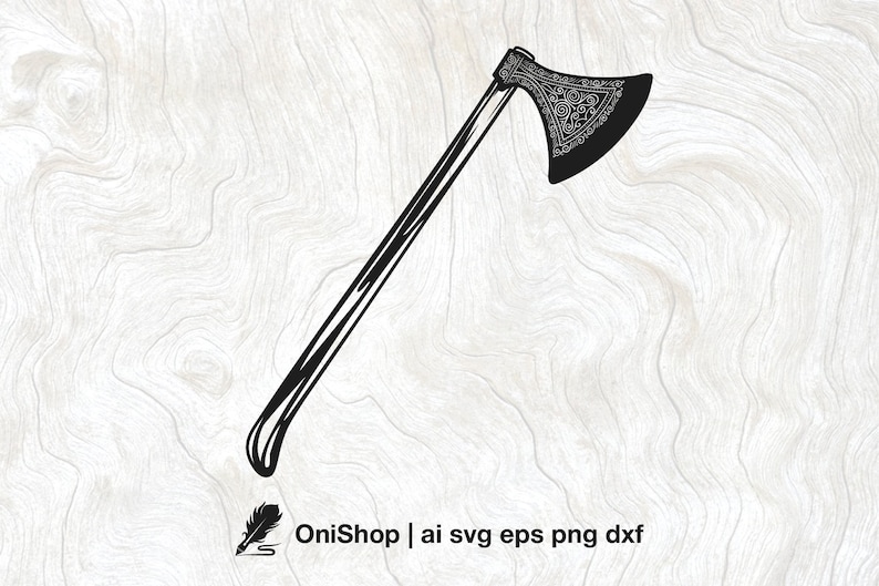 Op de afbeelding: Zwart-witte illustratie van een Viking-bijl met ingewikkelde details op de kling. De bijl heeft een lange houten steel.