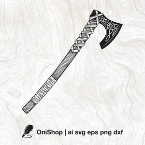 Op de afbeelding: Een zwart-witte illustratie van een Viking-bijl met een gevlochten handvat. De bijlkop heeft een Keltisch knoopontwerp.