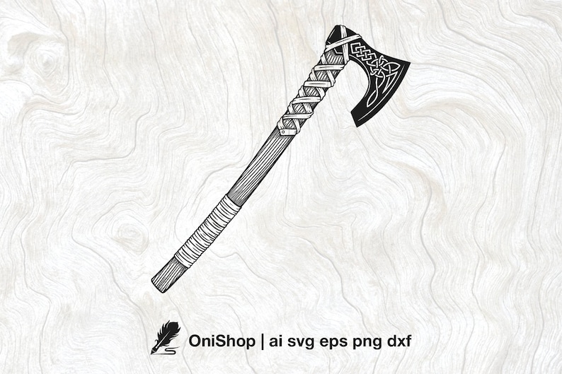Op de afbeelding: Een zwart-witte illustratie van een Viking-bijl met een gevlochten handvat. De bijlkop heeft een Keltisch knoopontwerp.