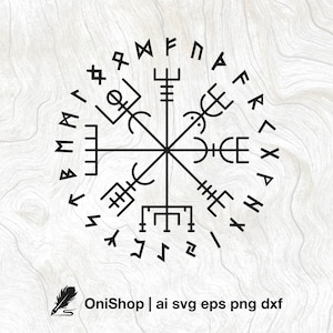 May include: A black and white illustration of a compass with runes around the outside. The runes are in a circle and are all different shapes and sizes. The compass is pointing north.