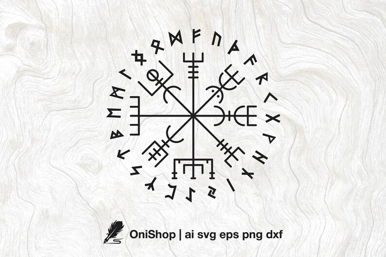 May include: A black and white illustration of a compass with runes around the outside. The runes are in a circle and are all different shapes and sizes. The compass is pointing north.