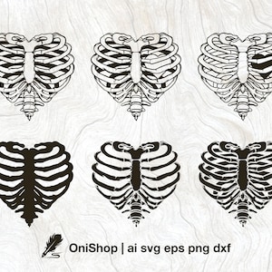 Skelet rib hart svg bundel, 6 opties, ribbenkast hart, hartvorm ribbenkast, ai eps dxf png, bestanden knippen, Cricut, silhouet, Glowforge