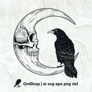 Maan met kraai SVG, Halloween wanddecor, Gotic Bird, raaf gravure clipart, ai eps dxf png, bestanden knippen, Cricut, silhouet, Glowforge