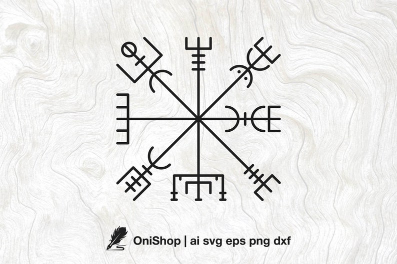 May include: A black and white line drawing of a Vegvisir, a Norse symbol for guidance and protection. The symbol is made up of eight spokes radiating from a central point, each spoke ending in a different shape.