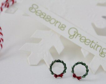 Sterling Silver Christmas Wreath Post Earrings, Christmas Earring, Wreath Earrings, Holiday Earring, Miniature Post Earrings, Stud Earrings