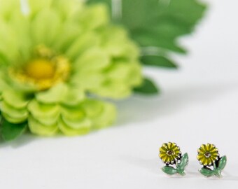 Sterling Silver Hand Painted Sunflower Post Earrings, Flower Earrings, Miniature Earrings, Stud Earrings, Sun Flower Earrings