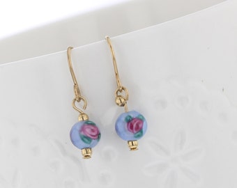 Gold filled lilac floral glass bead dangle earring