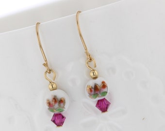 14KT Gold Filled Vintage Glass Bead Dangle with Pink Crystal Dangle Earrings, Vintage Glass, Glass Bead Earrings, White Bead, Floral, flower