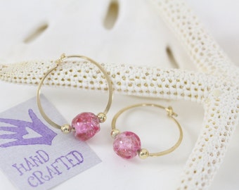 Gold filled hoop earrings Pink gold dust bead endless round handmade