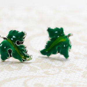 Tiny Autumn, Fall, leaf post earrings. Sterling silver studs. Hand painted green, yellow, hand crafted. Nature inspired design.  USA made.