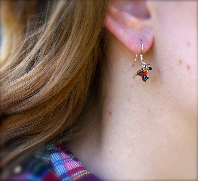 Robin red breast bird dangle drop earrings. Hand painted, hand crafted sterling silver ear wire. Nature, garden inspired design. image 4