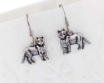 Silver Cat stamped sterling silver earrings. Dangle, drop earrings. Sterling ear wires. Animal Earrings, Cat Earrings