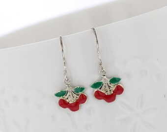 Sterling Silver Hand Painted Cherry Dangle Earrings, Tiny Earrings, Food Earring, Cherry, Dangle Earrings, Food, Cute, Red, Green, Silver