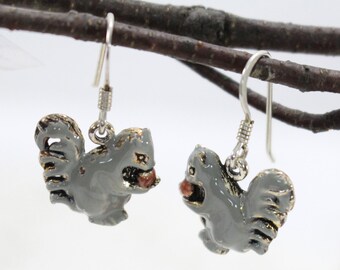 Hand painted sterling silver gray squirrel with nut dangle earrings