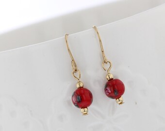 Gold filled Red floral glass bead dangle earring
