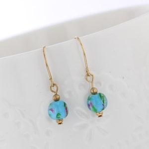 14kt Gold filled Blue floral glass bead dangle earrings, Floral Earrings, Dainty, Blue, Dangle Earrings