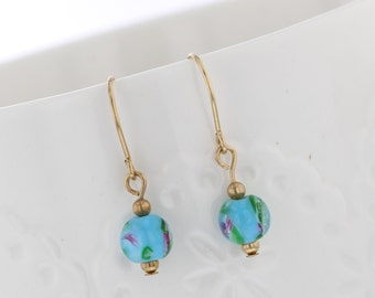 14kt Gold filled Blue floral glass bead dangle earrings, Floral Earrings, Dainty, Blue, Dangle Earrings