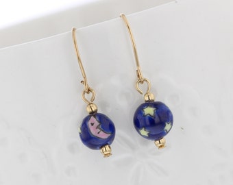 14kt Gold filled Hand Painted Moon and Star Painted Blue bead Dangle Earring, Night, Night Earrings, Hand Painted, Blue, Sky, Sky Earrings