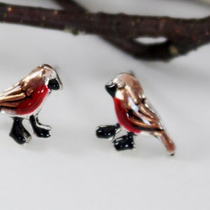 Robin red breast bird post earrings. Hand painted, hand crafted sterling silver studs. Nature, garden inspired design.