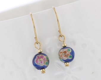 Gold filled  Hand Painted Blue Cloisonné Enameled Bead Dangle Earring, Cloisonné, Blue Bead, Flowers, Dainty, Darling, Vintage Inspired