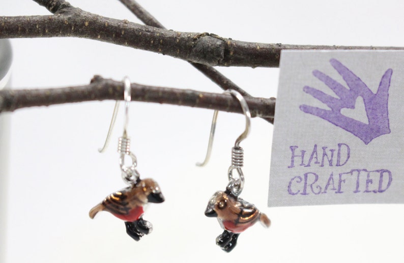 Robin red breast bird dangle drop earrings. Hand painted, hand crafted sterling silver ear wire. Nature, garden inspired design. image 5