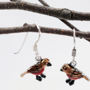 Robin red breast bird dangle drop earrings. Hand painted, hand crafted sterling silver ear wire. Nature, garden inspired design.