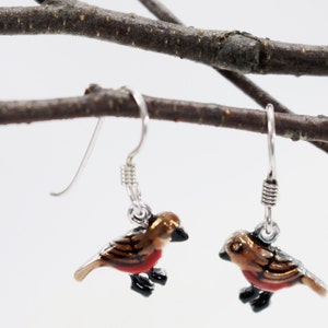 Robin red breast bird dangle drop earrings. Hand painted, hand crafted sterling silver ear wire. Nature, garden inspired design. image 1