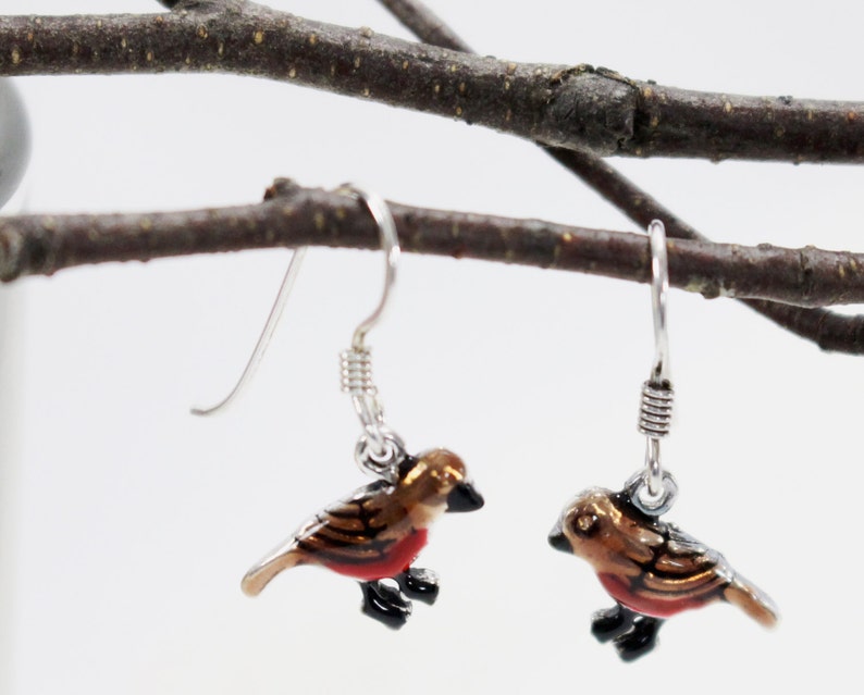 Robin red breast bird dangle drop earrings. Hand painted, hand crafted sterling silver ear wire. Nature, garden inspired design. image 1