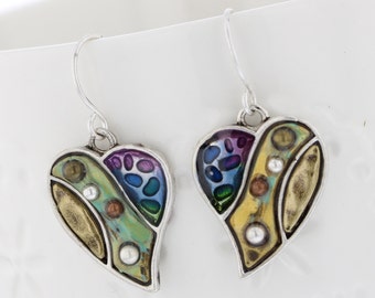 Silvertone Hand Enamel Detailed Heart Dangle Earring, Abstract, Decorated, Heart, Dangle Earring, Heart Earring, Colorful, Silvertone