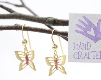 Gold butterfly drop, dangle earrings. Hand enameled pink over 14KT gold filled.  Woodland, insect, nature inspired. Gardener gift.