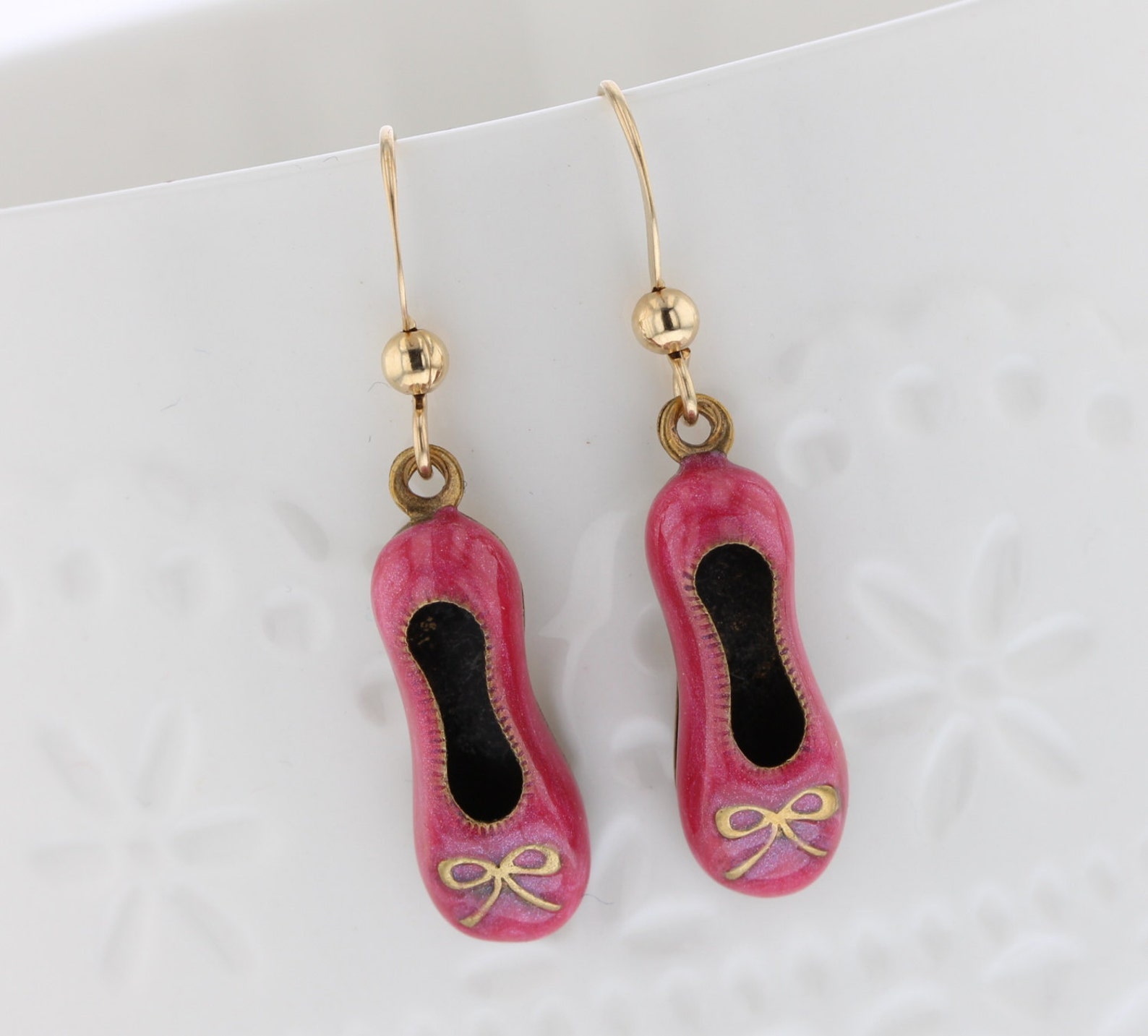 ballet flats shoe earrings. hand enameled pink over brass. 14kt gold-filled ear wires. dangle earrings, pink, shoes, dance, danc