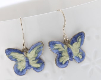 Large Sterling Silver Butterfly drop, dangle earrings. Hand enameled blue yellow.  Woodland, insect, nature inspired. Gardener gift.