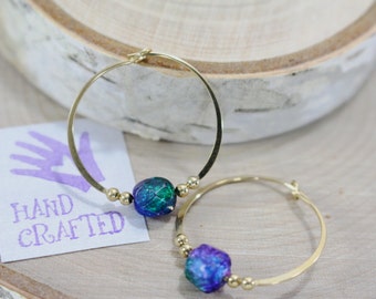 Gold filled hoop earrings blue purple faceted crackle glass bead classic 7/8" endless round handmade