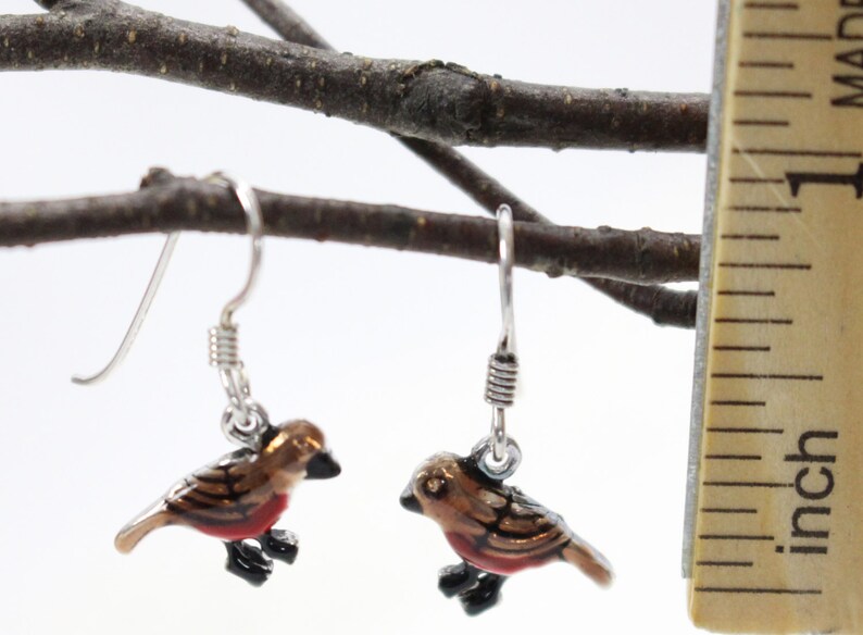 Robin red breast bird dangle drop earrings. Hand painted, hand crafted sterling silver ear wire. Nature, garden inspired design. image 3