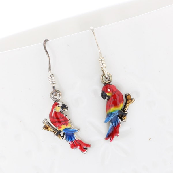 Sterling Silver Hand Painted bird DangleEarrings, Scarlet Macaw Earring, Exotic Earring, Bird Earring, Tropic Inspired, Stud Earring