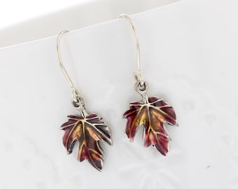 Fall Maple leaf earrings. Sterling silver dangles, drops. Hand painted red, hand crafted. Nature inspired, Thin, lightweight, Fall