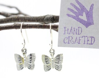 Sterling Silver butterfly drop, dangle earrings. Woodland, insect, nature inspired. Gardener gift.