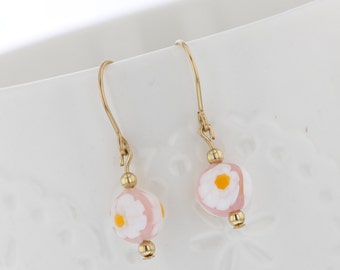 14kt Gold filled Hand Painted Daisy Painted Pink bead Dangle Earring, Daisy, Daisy Earrings, Hand Painted, Pink, Flower, Flower Earrings