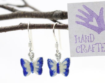 Sterling Silver butterfly drop, dangle earrings. Hand enameled blue white.  Woodland, insect, nature inspired. Gardener gift.