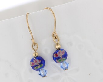 14KT Gold Filled Vintage Glass Bead Dangle with Blue Crystal Dangle Earrings, Vintage Glass, Glass Bead Earrings, Blue Bead, Floral, flower